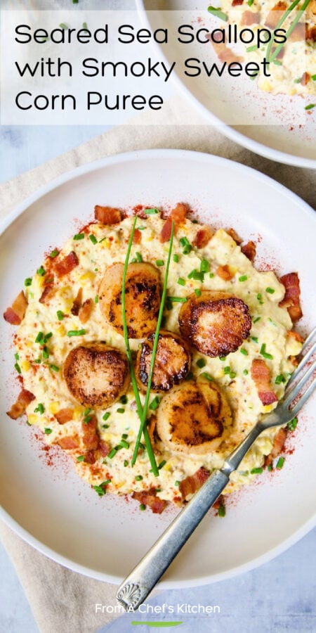 Pinterest graphic for Seared Sea Scallops with Smoky Sweet Corn Puree showing one serving on white plate.
