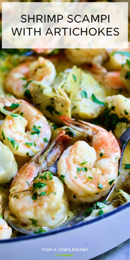 Pinterest graphic for Shrimp Scampi with Artichokes showing it in a white enamel cast iron skillet with metal spoon scooping two of them up.