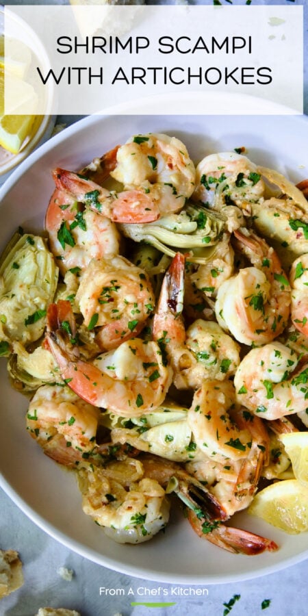 Pinterest graphic for Shrimp Scampi with Artichokes showing it in a white bowl.