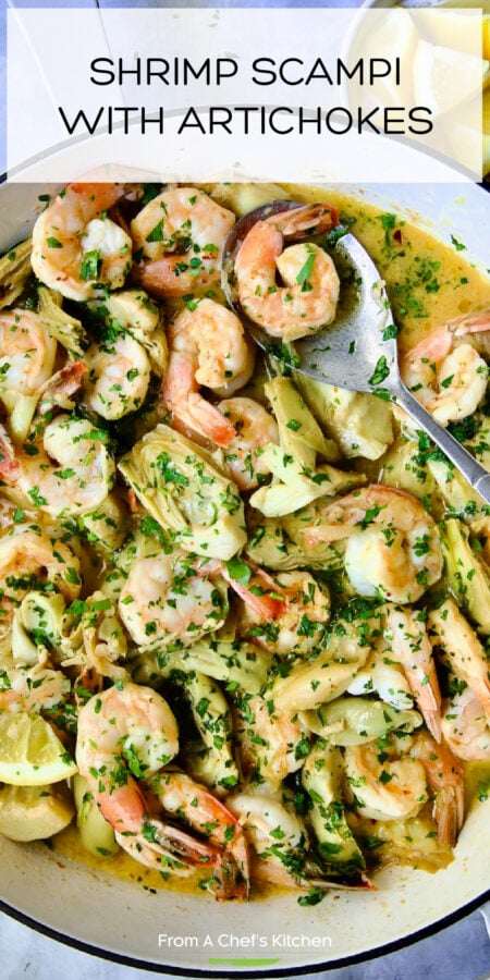 Pinterest graphic for Shrimp Scampi with Artichokes showing it in a white enamel cast iron skillet with metal spoon.
