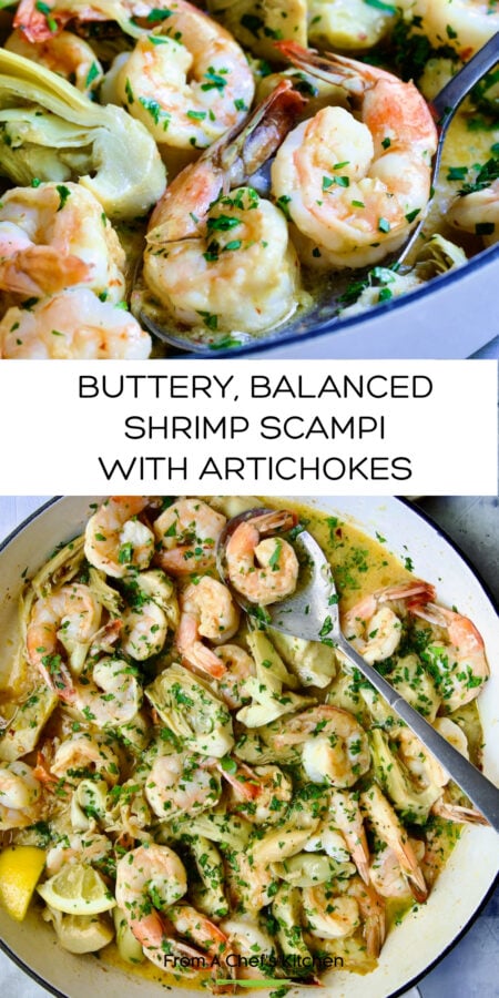 Pinterest graphic for Shrimp Scampi with Artichokes showing two images of it in a white enamel cast iron skillet.