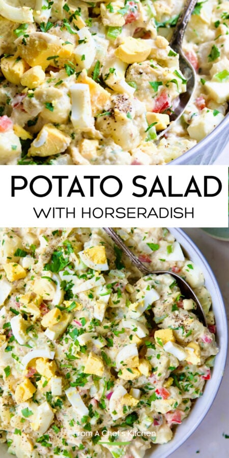 Pinterest graphic for Potato Salad with Horseradish showing two images of it in a serving bowl with serving spoon.