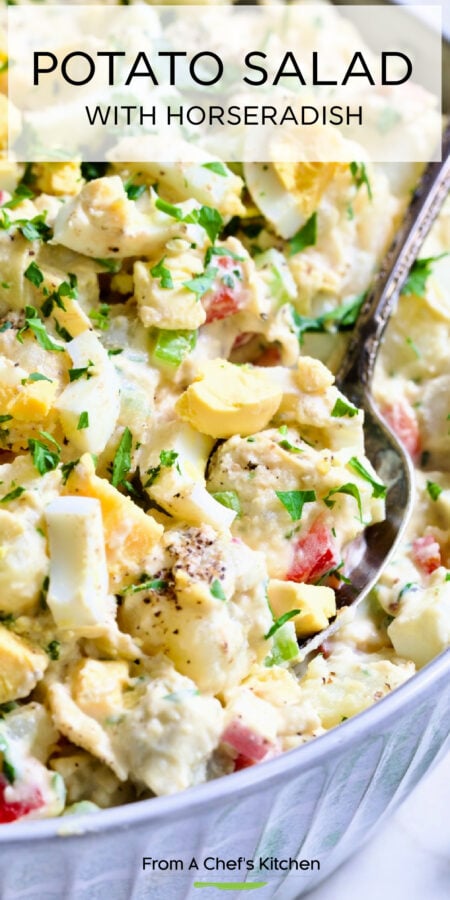 Pinterest graphic for Potato Salad with Horseradish showing it in a serving bowl with serving spoon.