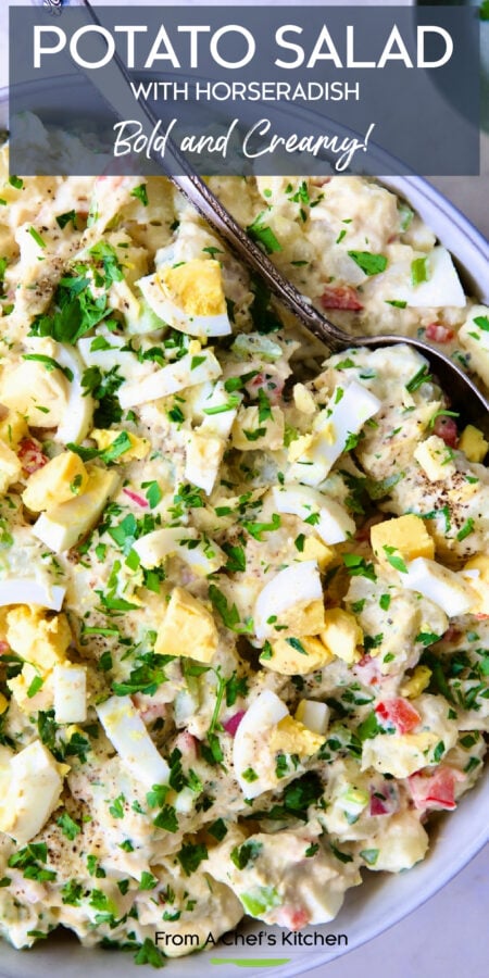 Pinterest graphic for Potato Salad with Horseradish showing it in a serving bowl with serving spoon.