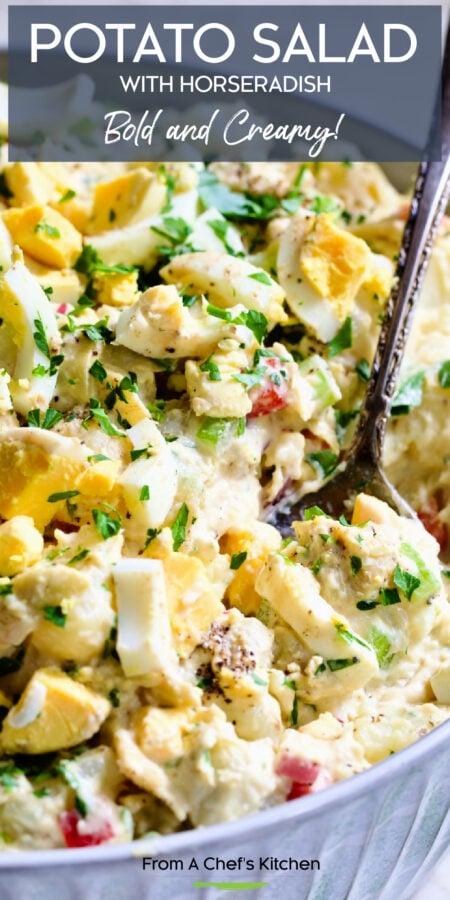 Pinterest graphic for Potato Salad with Horseradish showing it in a serving bowl with serving spoon.