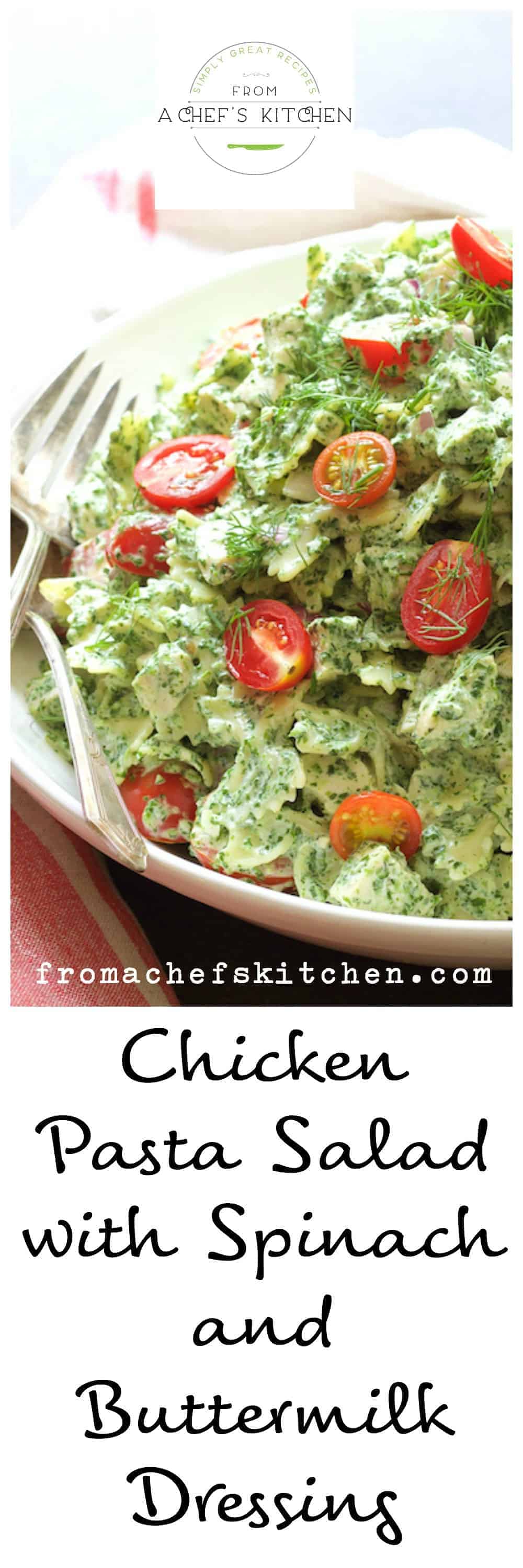 Cool, creamy and tangy Chicken Pasta Salad with Spinach Buttermilk Dressing is a budget-friendly way to feed and please a crowd.