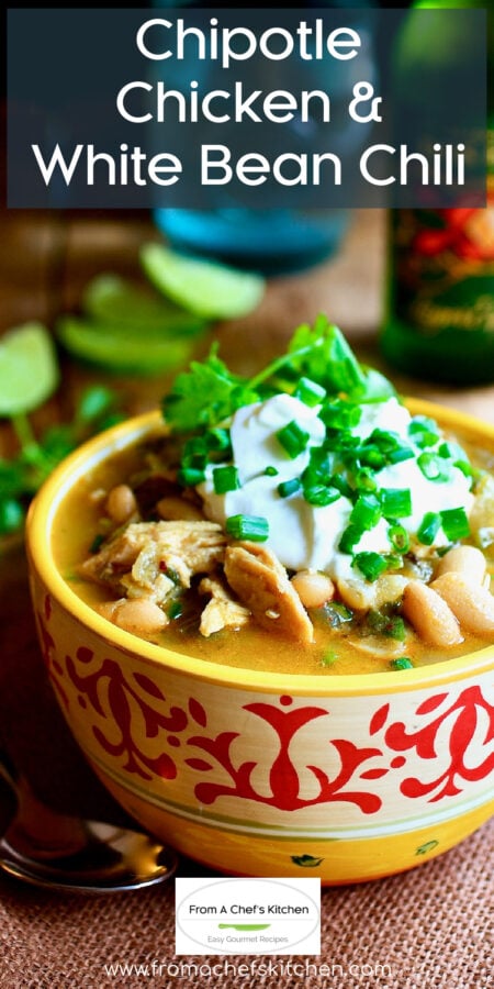 Pinterest graphic for Chipotle Chicken & White Bean Chili showing one serving in red and yellow bowl.