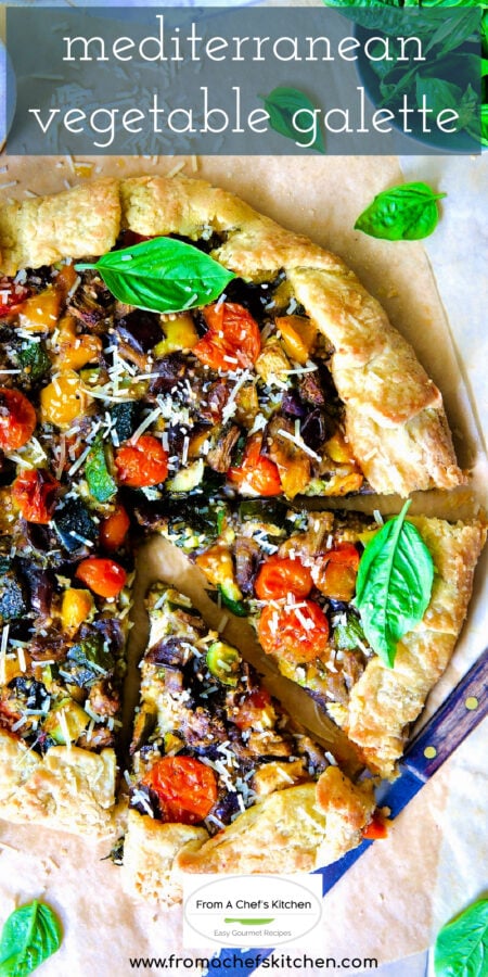 Pinterest graphic for Mediterranean Vegetable Galette showing it cut into wedges.
