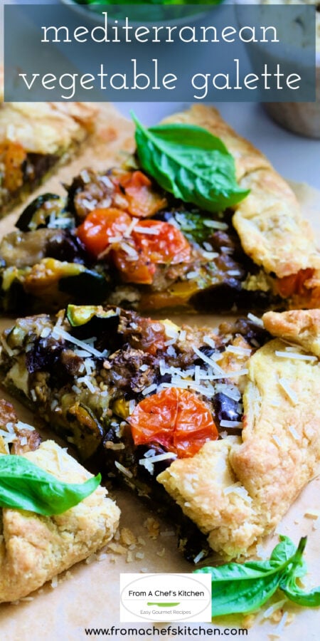 Pinterest graphic for Mediterranean Vegetable Galette showing it cut into wedges.