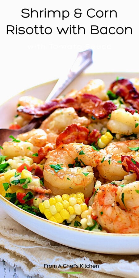 Pinterest graphic for Shrimp and Corn Risotto with Bacon showing it in a white bowl with serving spoon.
