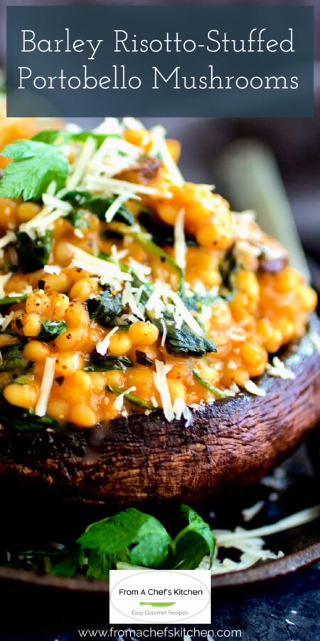 Pinterest graphic for Barley Risotto Stuffed Portobello Mushrooms.