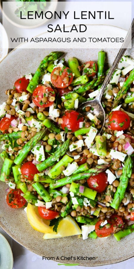 Pinterest graphic for Lemony Lentil Salad with Asparagus and Tomatoes showing it in an earthenware bowl with serving spoon.