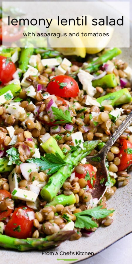 Pinterest graphic for Lemony Lentil Salad with Asparagus and Tomatoes showing it in an earthenware bowl with serving spoon.