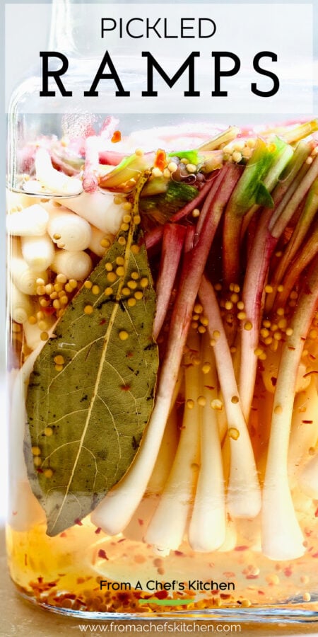 Pinterest graphic for Pickled Ramps showing them in a glass jar.