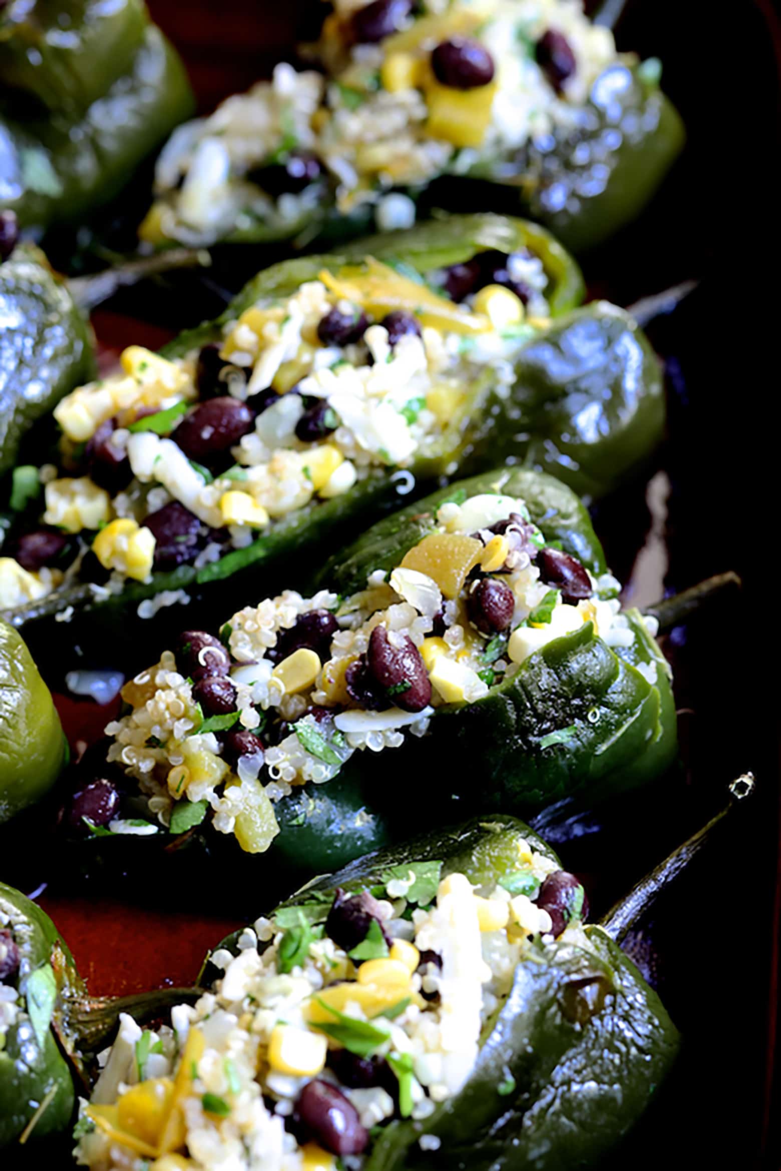 Quinoa Corn and Black Bean Stuffed Poblano Peppers