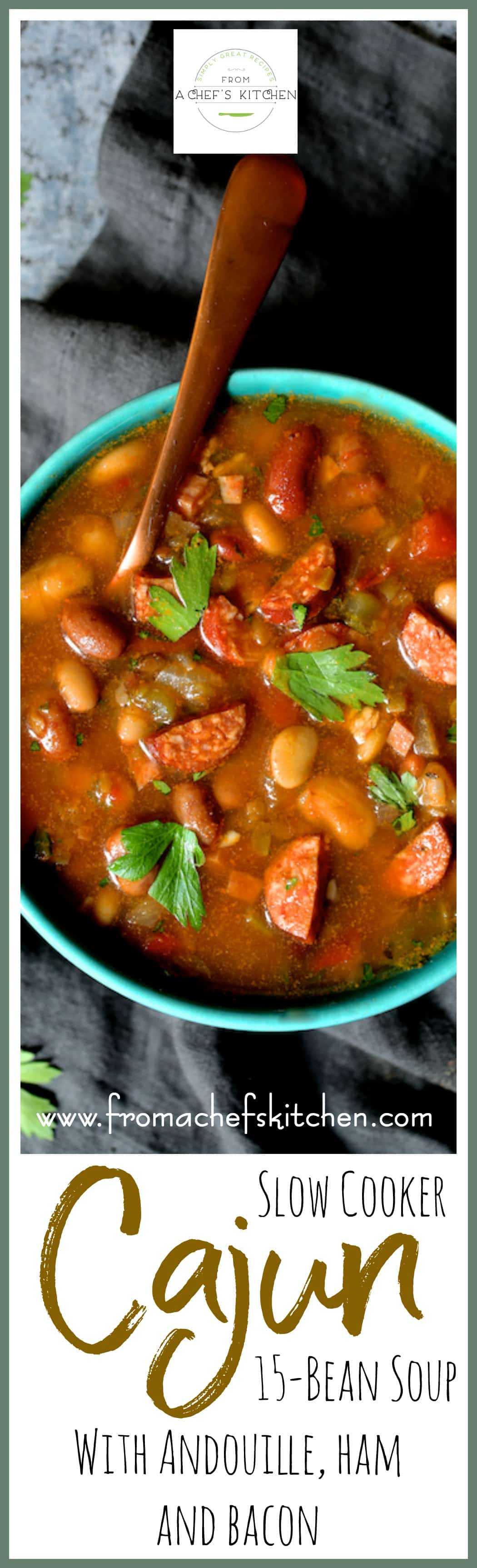 Slow Cooker Cajun 15-Bean Soup with Andouille, Ham and Bacon is hearty comfort food that’s easy and perfect for a winter night! #ad #sponsored #LifeonRaise @RaiseMarketplace