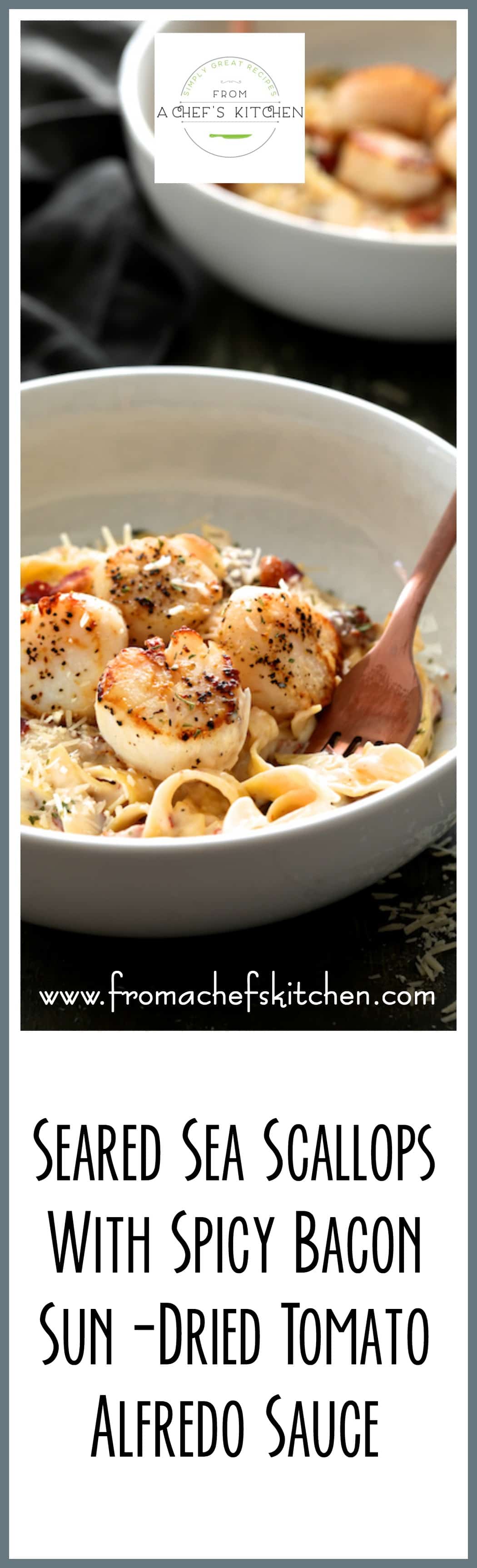 #Ad #Bertolli Organic - Seared Sea Scallops with Spicy Bacon Sun-Dried Tomato Alfredo Sauce is easy and perfect for an Italian-inspired romantic dinner for two! @Bertolli