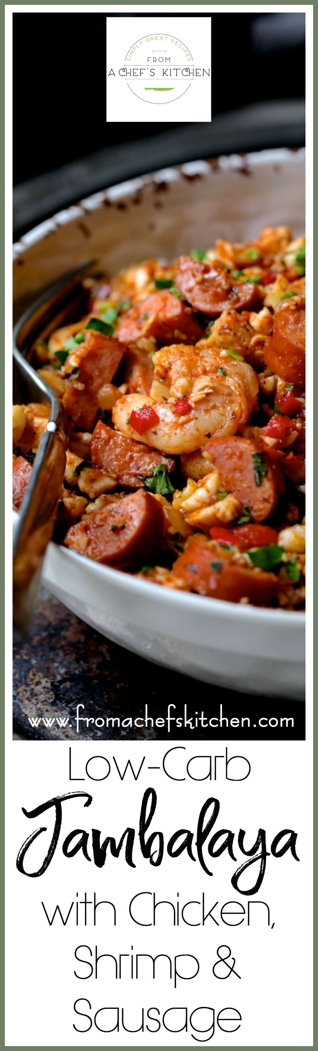 Low Carb Jambalaya with Chicken, Shrimp and Sausage is a healthful and nutritious twist on the New Orleans classic that's made with cauliflower