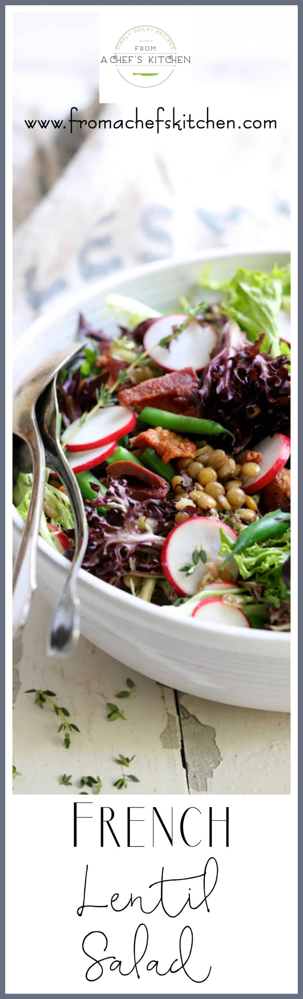 French Lentil Salad is a lovely and delicious way to ring in spring! With radishes, young green beans and baby lettuces, it's perfect for that first dinner on the patio! #french #lentil #salad #vegetable