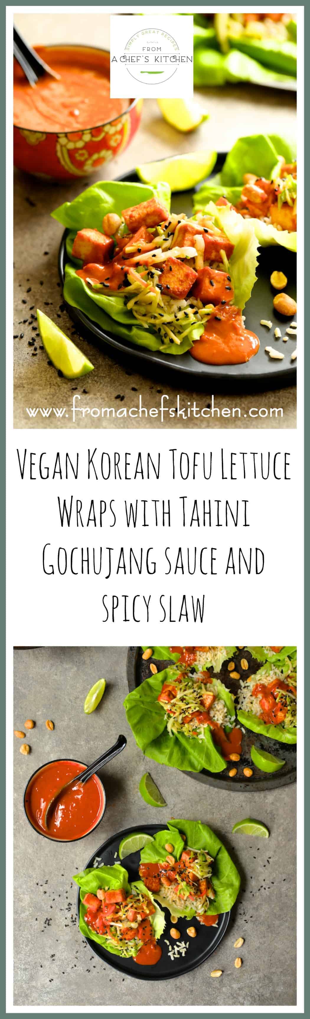 Vegan Korean Tofu Lettuce Wraps with Tahini Gochujang Sauce and Spicy Slaw are the fun, flavorful and healthful way to get your Korean food fix! #vegan #vegetarian #tofu #lettucewrap #tahini