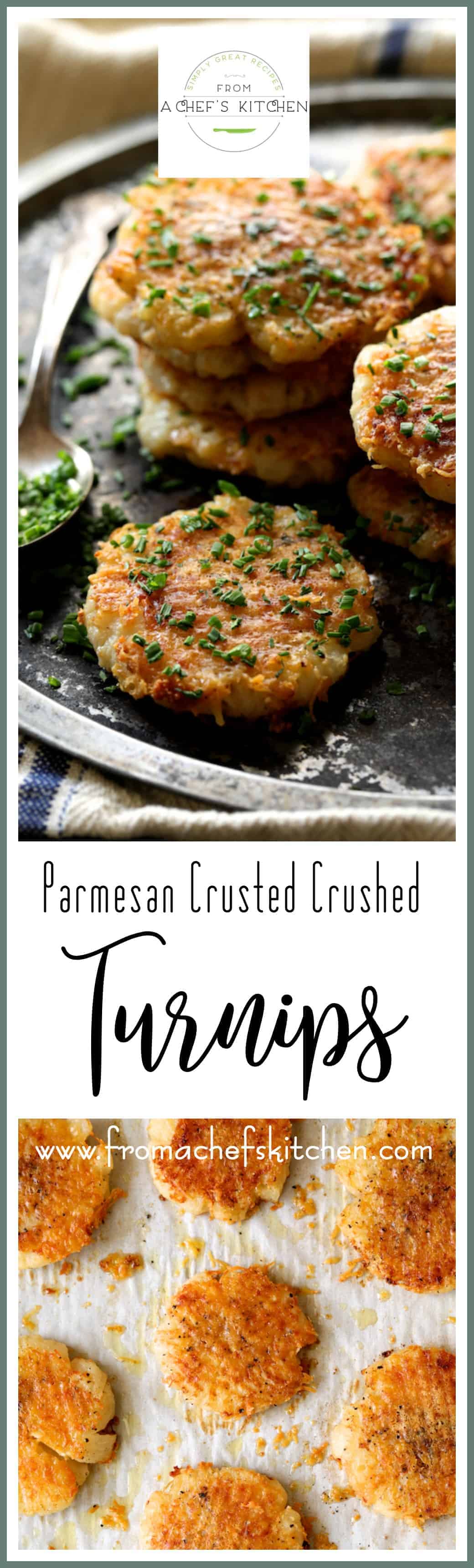 Parmesan Crusted Crushed Turnips are a sophisticated, delicious, low-carb alternative to crushed potatoes! #parmesan #turnips #lowcarb #vegetable
