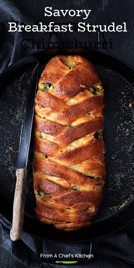 Pinterest graphic for Savory Breakfast Strudel showing it in a round cast iron pan.