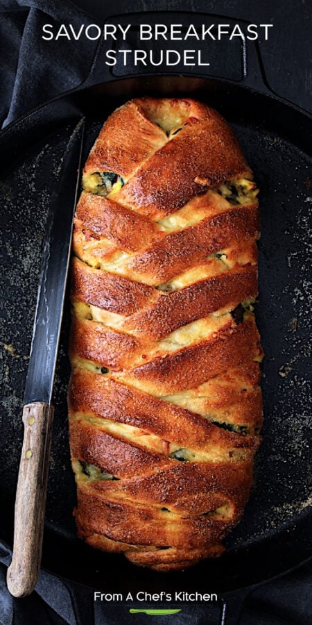 Pinterest graphic for Savory Breakfast Strudel showing it in a round cast iron pan.