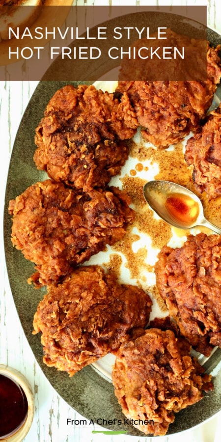 Pinterest graphic for Nashville Style Hot Fried Chicken showing seven pieces on a gray-rimmed platter.