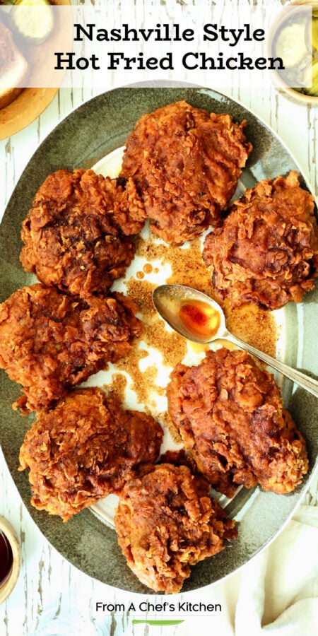 Pinterest graphic for Nashville Style Hot Fried Chicken showing seven pieces on a gray-rimmed platter.