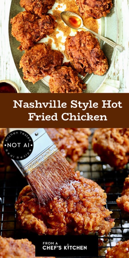 Pinterest graphic for Nashville Style Hot Fried Chicken with two images.