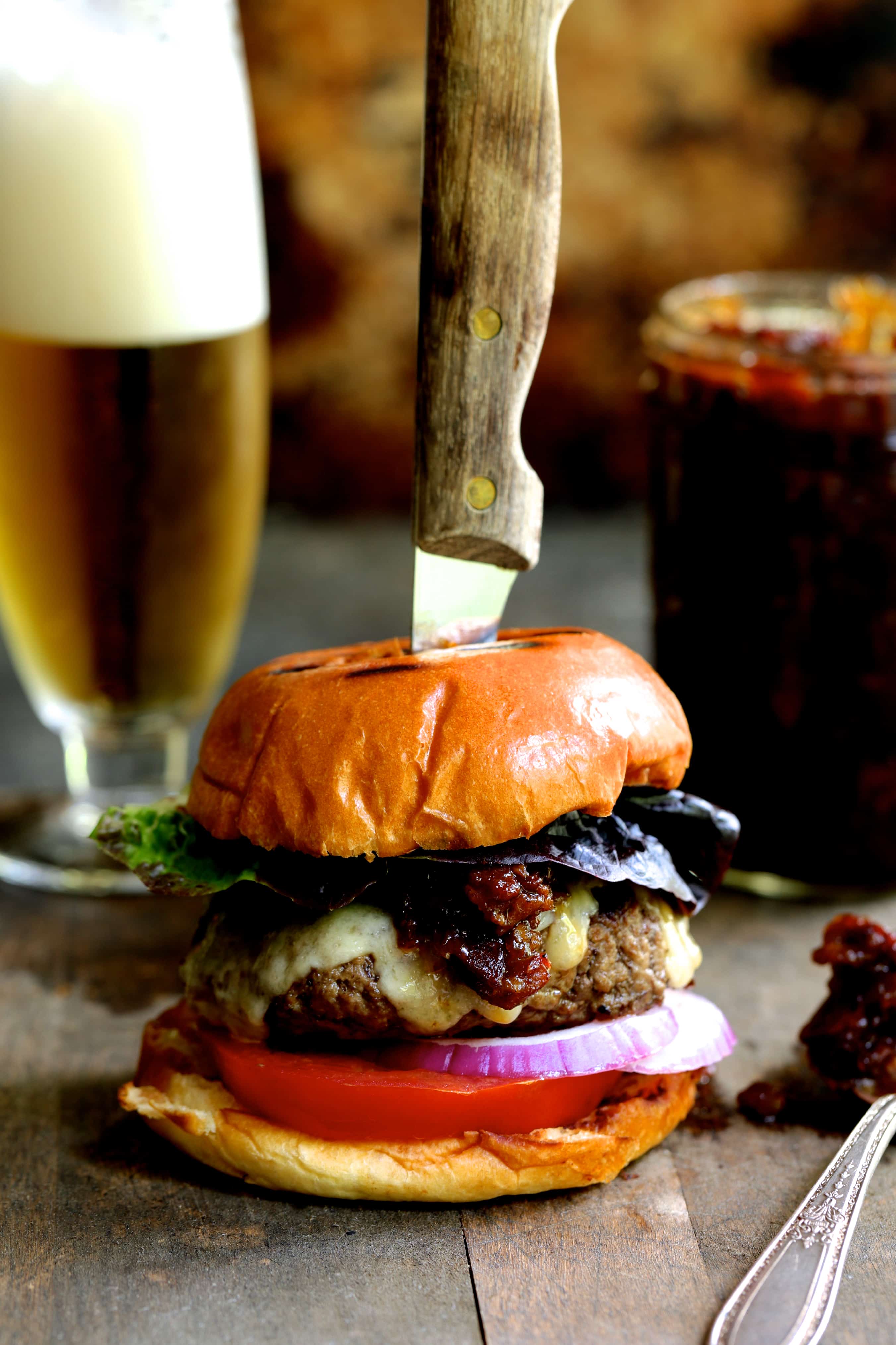 Grilled Burgers with Bacon Tomato Jam and Smoked Gouda