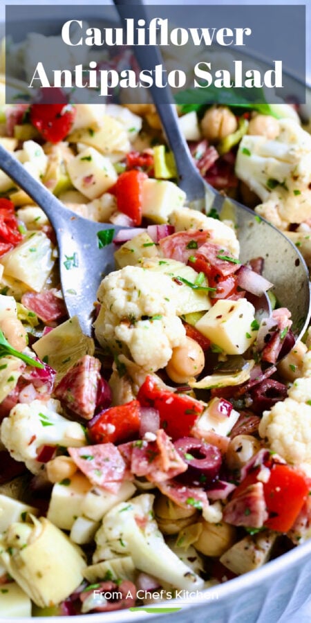 Pinterest graphic for Cauliflower Antipasto Salad in bowl with serving utensils.