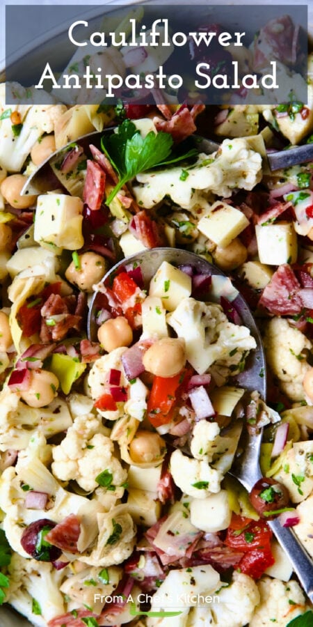 Pinterest graphic for Cauliflower Antipasto Salad in bowl with serving utensils.