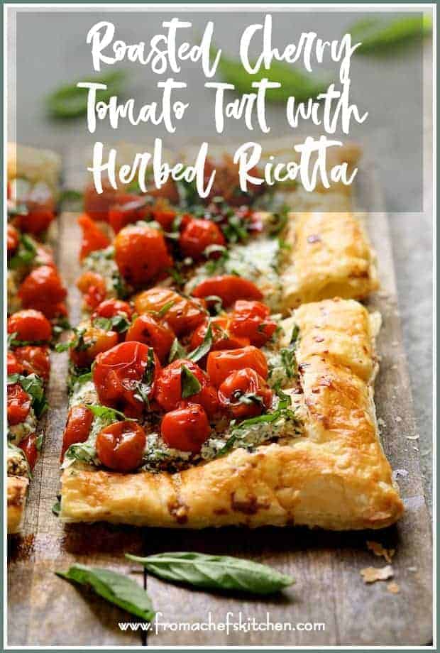 Roasted Cherry Tomato Tart with Herbed Ricotta is a lovely, elegant way to enjoy the late summer bounty of fresh herbs and cherry tomatoes! #tomato #tart #cheese #ricotta #puffpastry