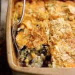 Close-up of casserole with piece removed.