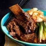 Korean Braised Beef Short Ribs in blue bowl.
