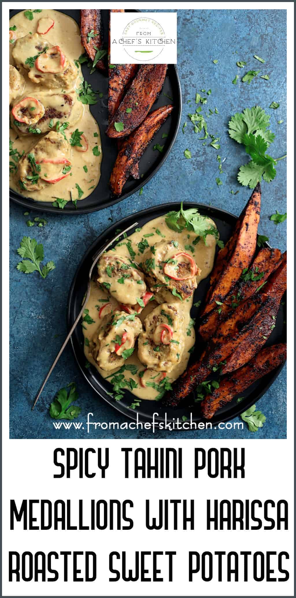 Spicy Tahini Pork Medallions with Harissa Roasted Sweet Potato Wedges is a super-tasty dinner for two! You'll enjoy making this spicy, flavorful dish for that special someone and it's also the perfect easy dinner you can make together! #pork #porktenderloin #meat #tahini #sweetpotatoes