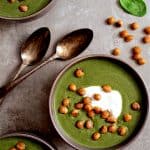 Three bowls of Spinach and Goat Cheese Bisque with Crispy Lemon Chickpeas.