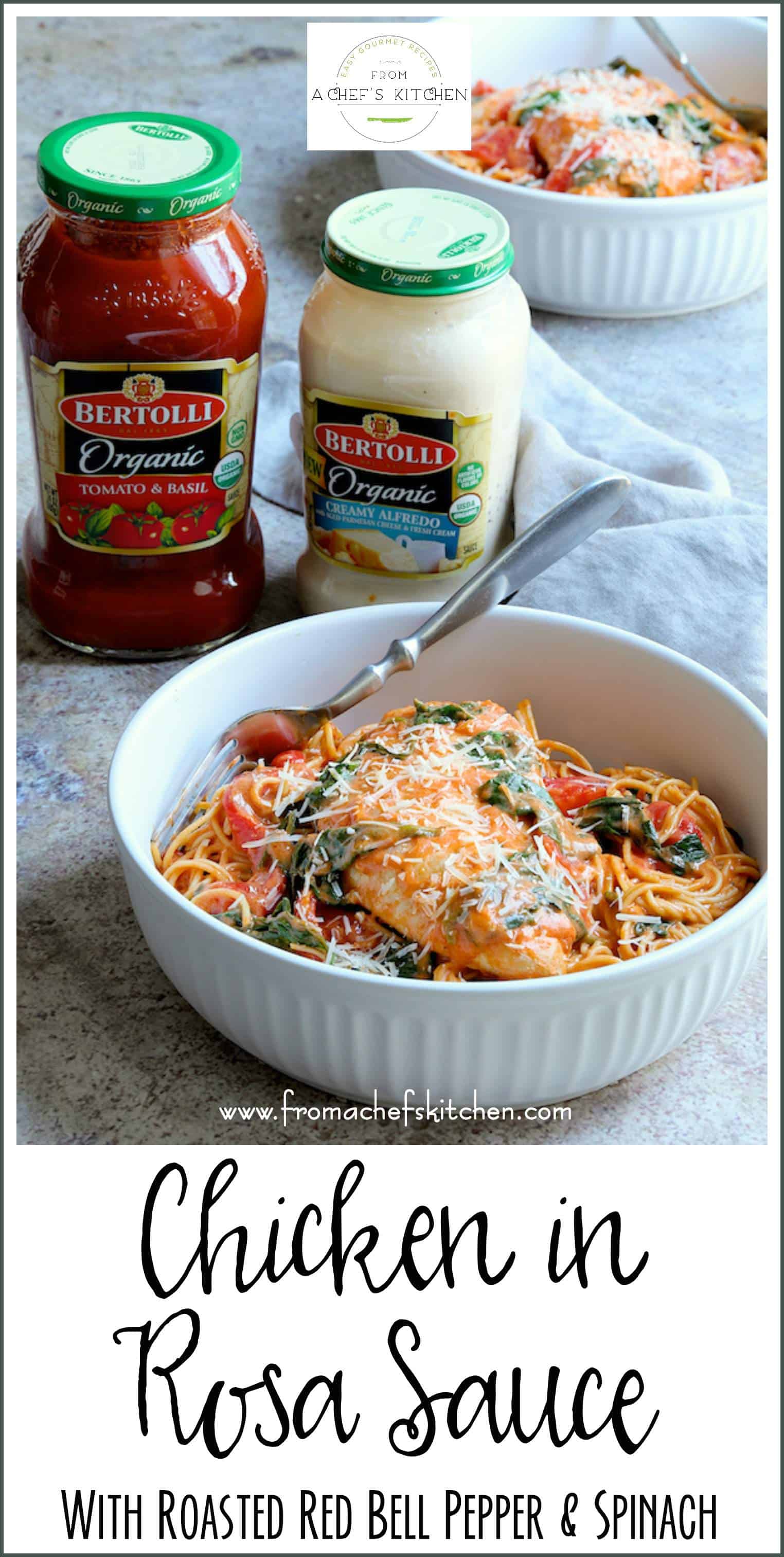 #sponsored #ad - Chicken in Rosa Sauce with Roasted Red Bell Pepper and Spinach is perfect for your romantic Valentine's Day dinner at home! This simply delicious Tuscan-inspired meal will have you asking for amoré! #BertolliVDayIn #chicken #pasta @Bertolli