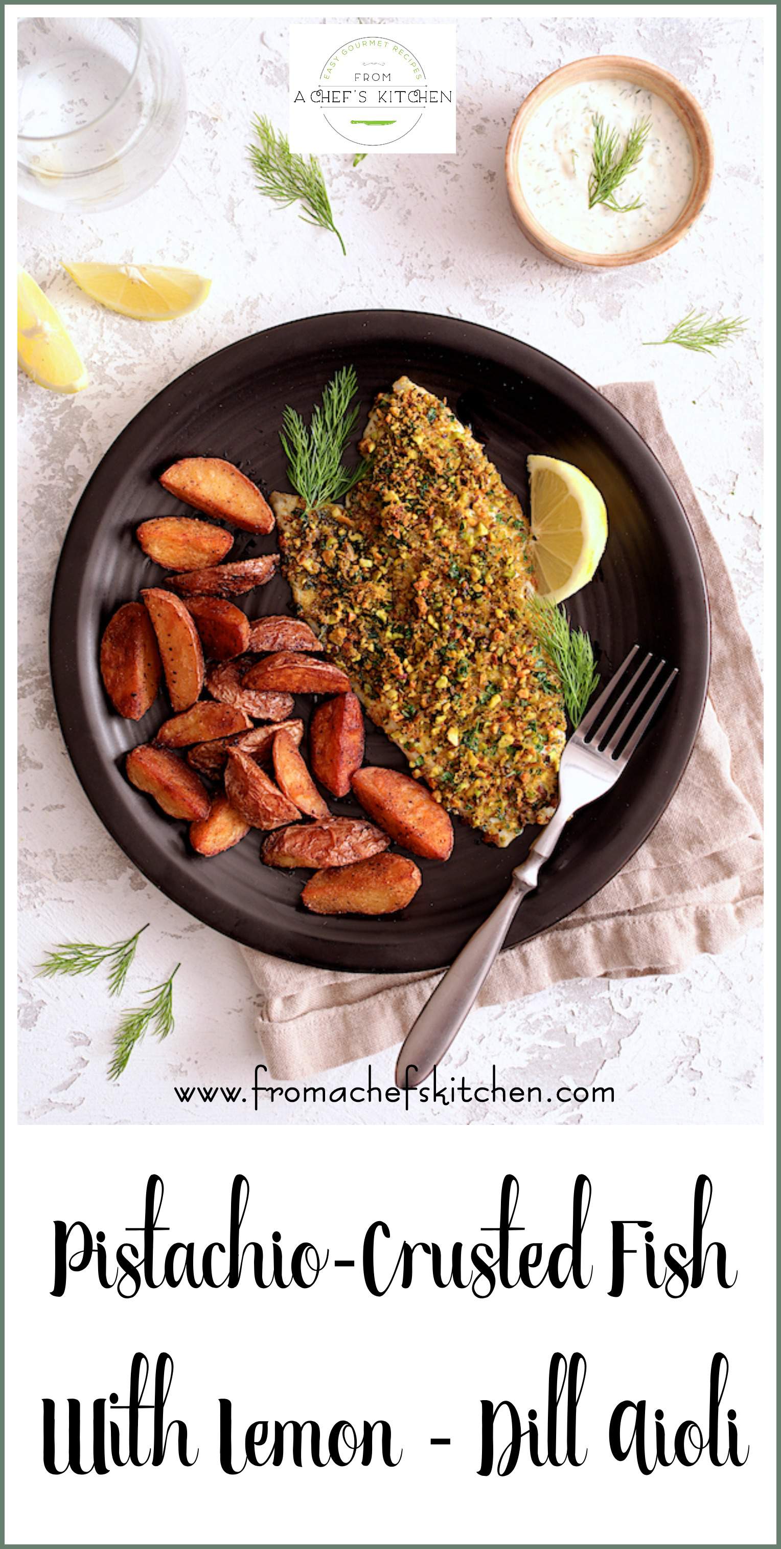 Pistachio Crusted Fish with Lemon Dill Aioli is an easy restaurant-quality meal that's perfect for date night and it's ready in 30 minutes! #fish #pistachio #lemon #dill #aioli