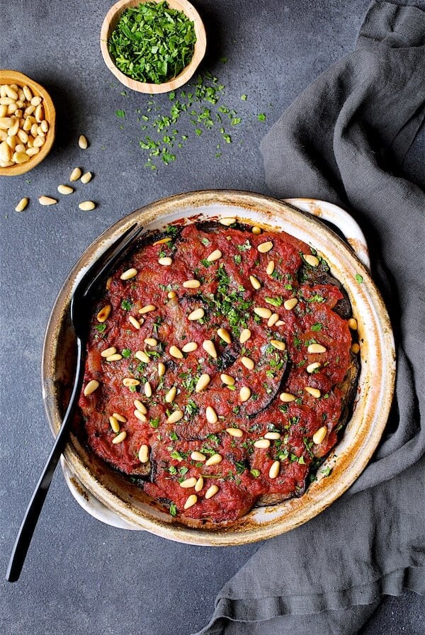 Turkish Eggplant Casserole - Imam Bayildi in earthware bowl.