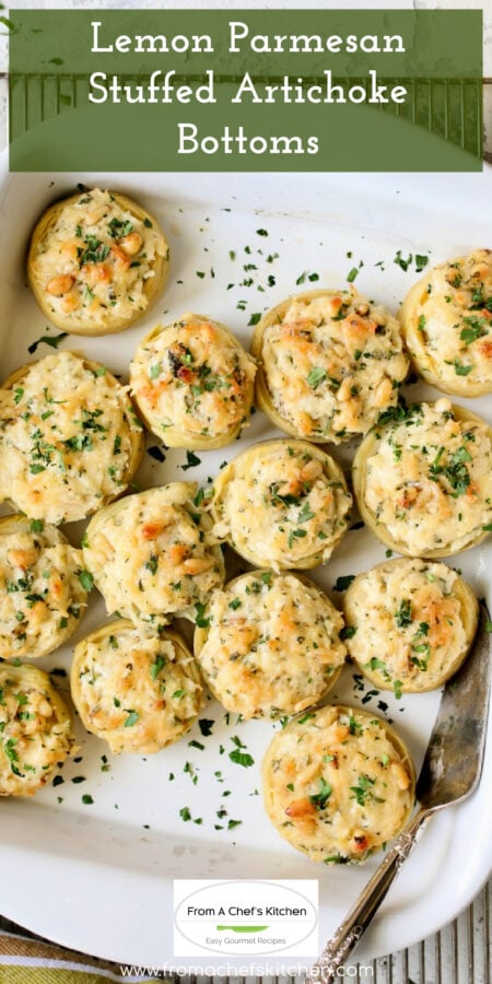 Pinterest graphic for Lemon Parmesan Stuffed Artichoke Bottoms showing them in a white baking dish.