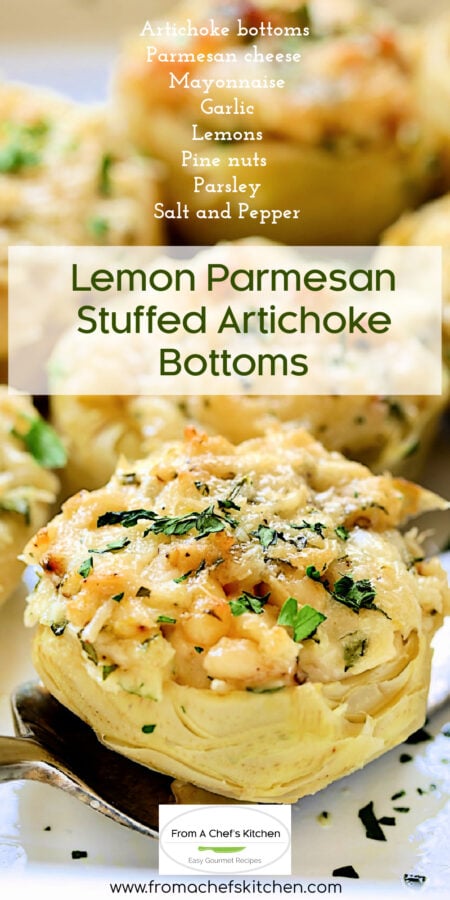 Pinterest graphic for Lemon Parmesan Stuffed Artichoke Bottoms showing them on a white appetizer plate.
