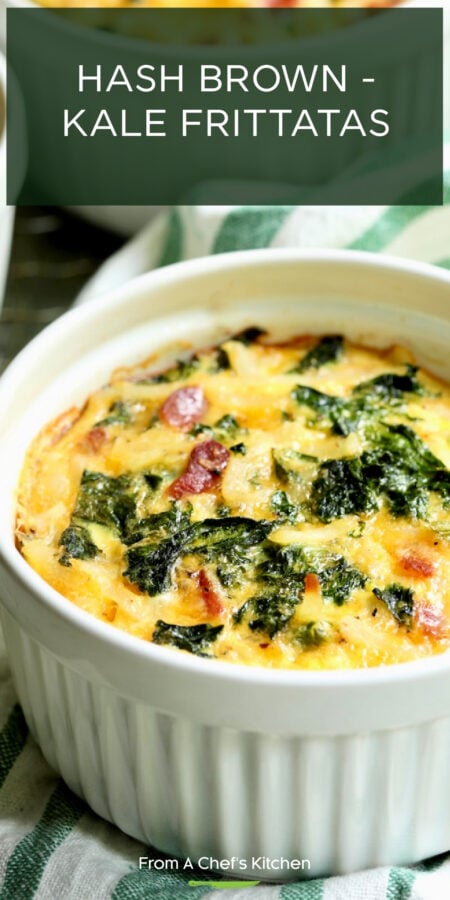 Pinterest graphic for Hash Brown, Kale, Bacon and Cheddar Frittatas showing them in white ramekin.