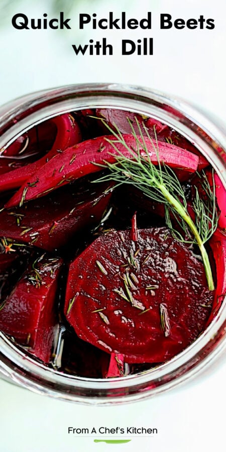 Pinterest graphic for Quick Pickled Beets with Dill showing them in a glass jar garnished with a fresh dill sprig.