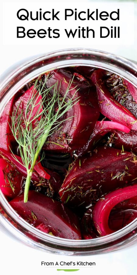 Pinterest graphic for Quick Pickled Beets with Dill showing them in a glass jar garnished with a fresh dill sprig.
