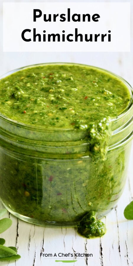 Pinterest graphic for Purslane Chimichurri showing a jar with the chimichurri overflowing.