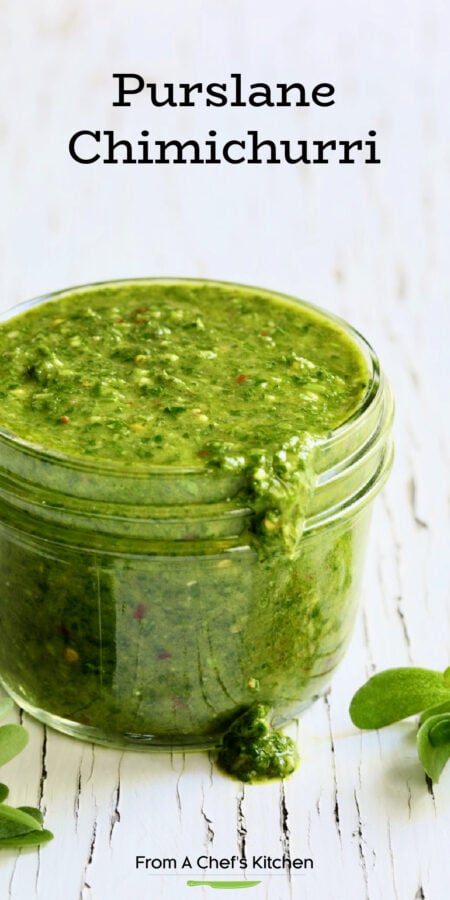 Pinterest graphic for Purslane Chimichurri showing a jar with the chimichurri overflowing.