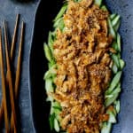 Sichuan Bang Bang Chicken - Overhead close-up shot of finished dish on black oval platter