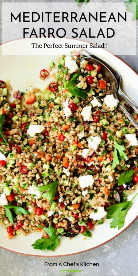 Pinterest graphic for Mediterranean Farro Salad showing it on a round white platter.